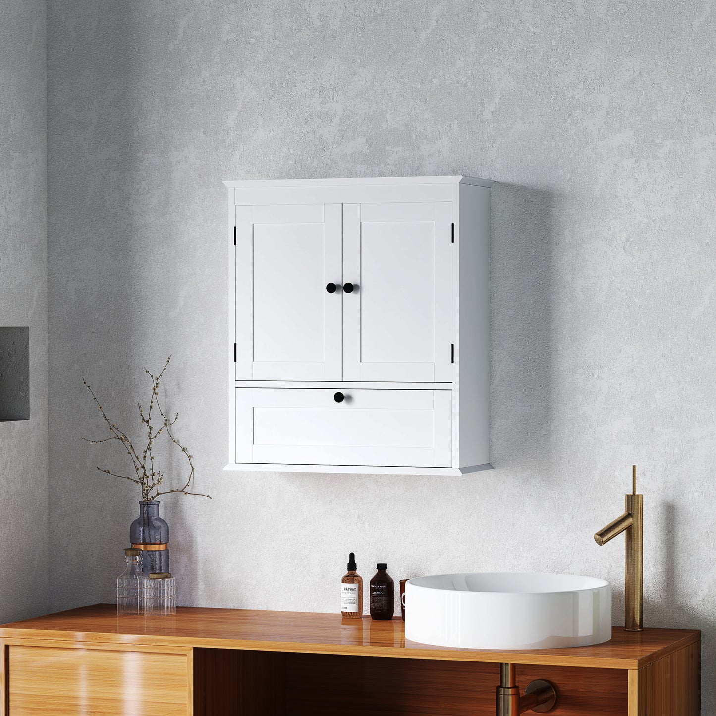 Bathroom Wall Cabinet with Adjustable Shelf and Recessed Doors, White
