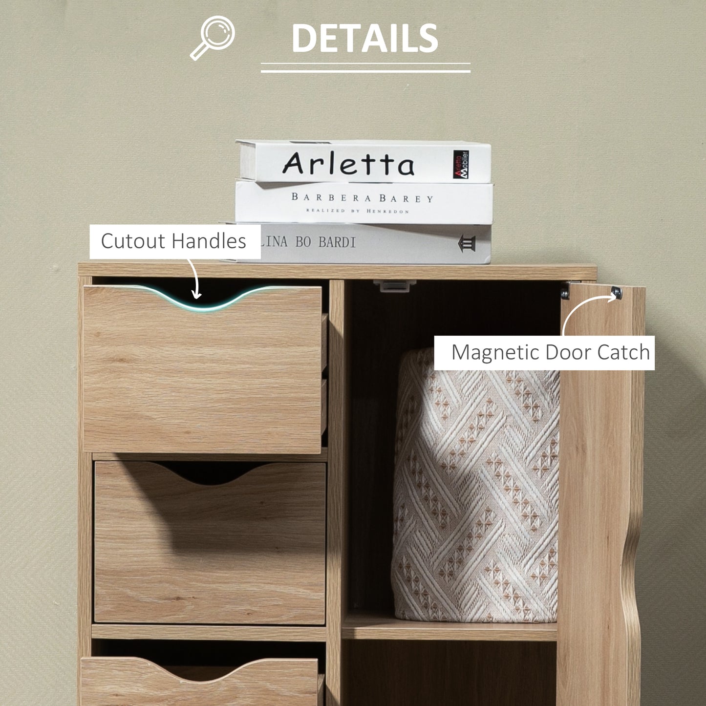 Bathroom Cabinet, Freestanding Storage Cabinet with 4 Drawers, Door Cupboard for Living Room, Kitchen, Bedroom, Natural