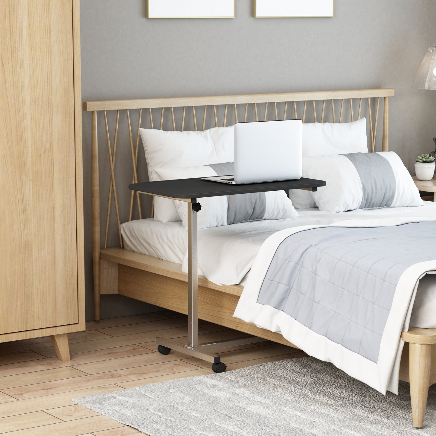 Height Adjustable Over Bed Table with Wheels, C Shaped Laptop Desk, Portable Hospital Bed Table for Living Room, Bedroom