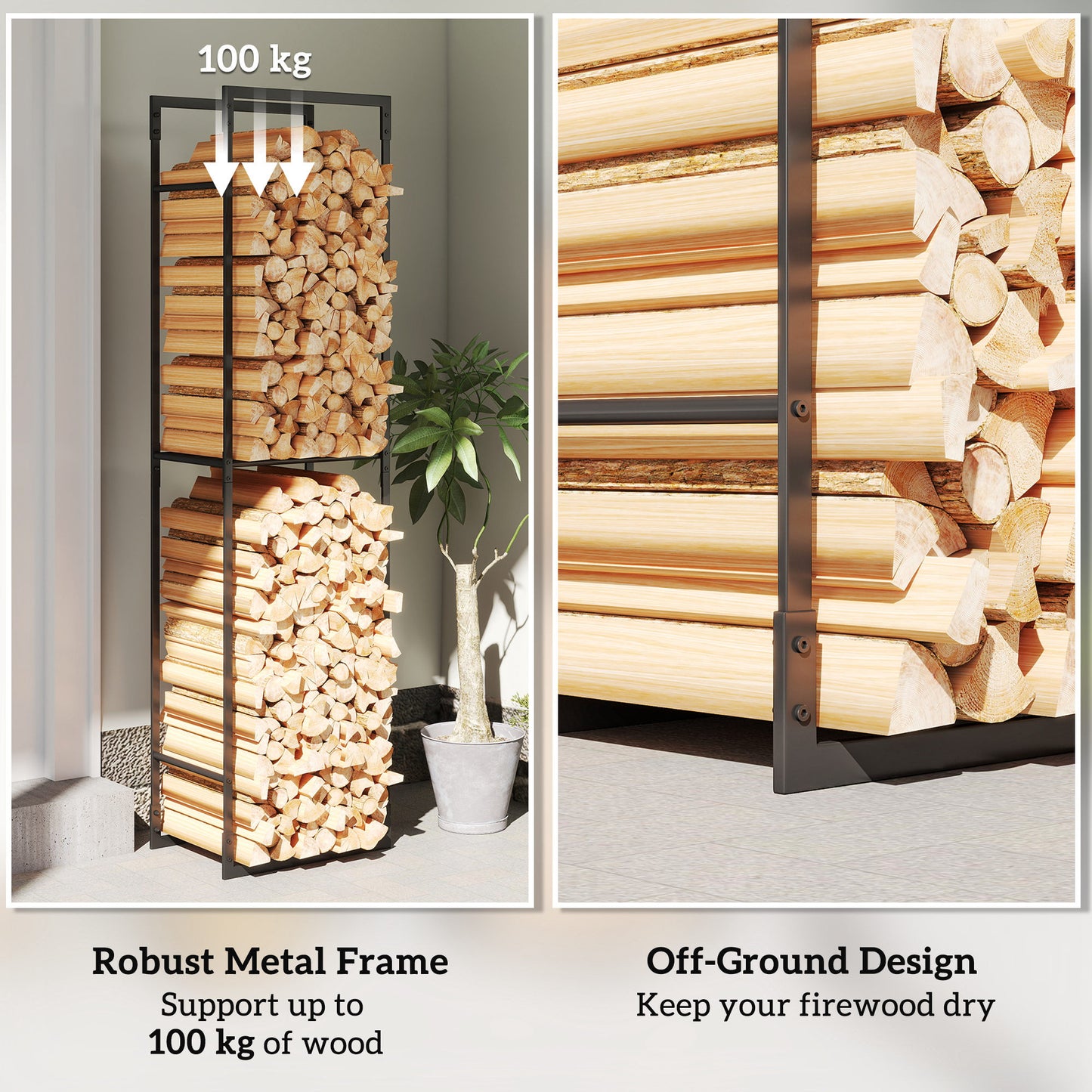 Metal Firewood Log Holder, Heavy Duty Firewood Rack with Adjustable Shelf, Indoor Outdoor Fireplace Wood Storage Shelf