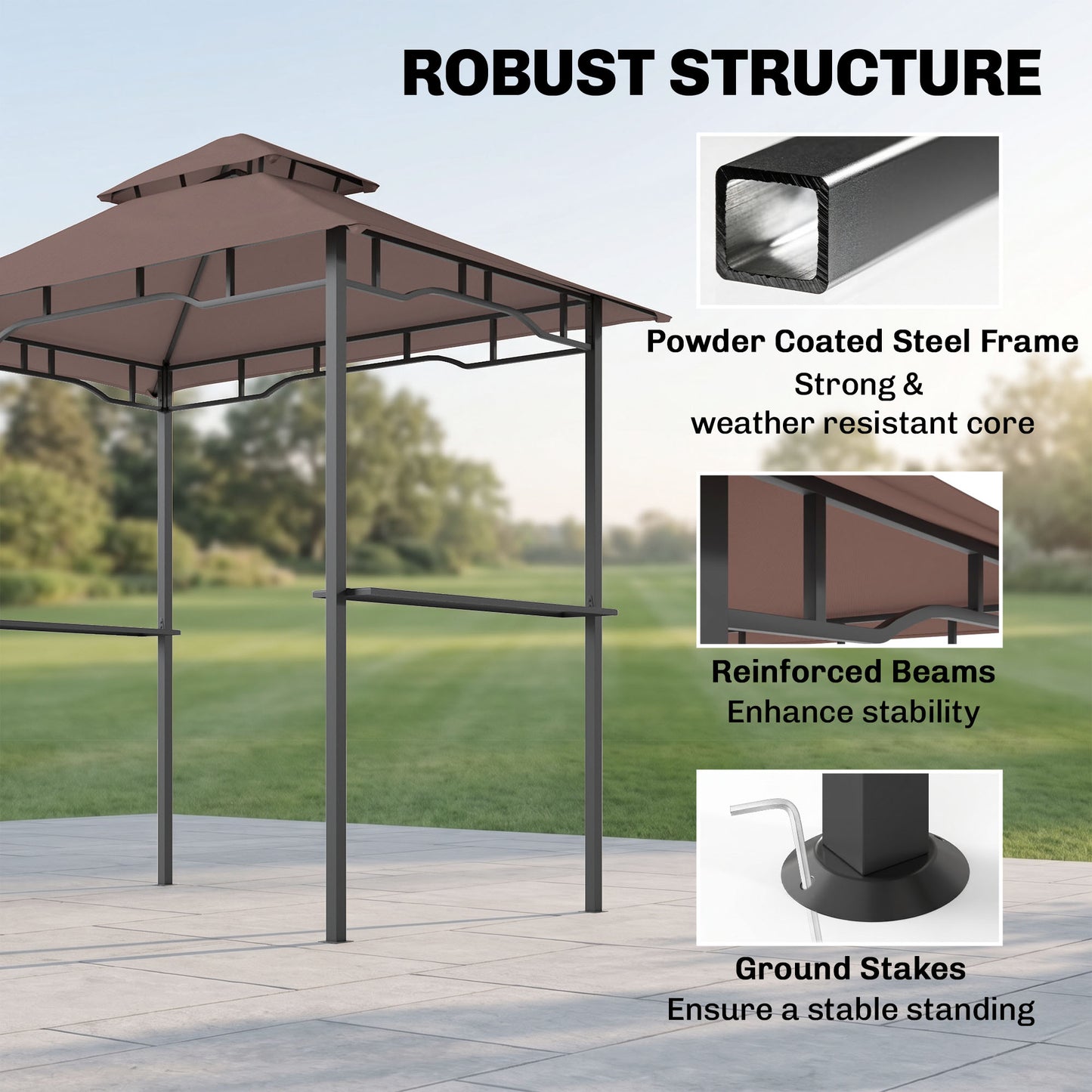 2.5x1.5m (8'x5') Grill Gazebo Canopy, Double Tiered Outdoor BBQ Gazebo Shelter with 2 Side Shelves for Garden, Patio