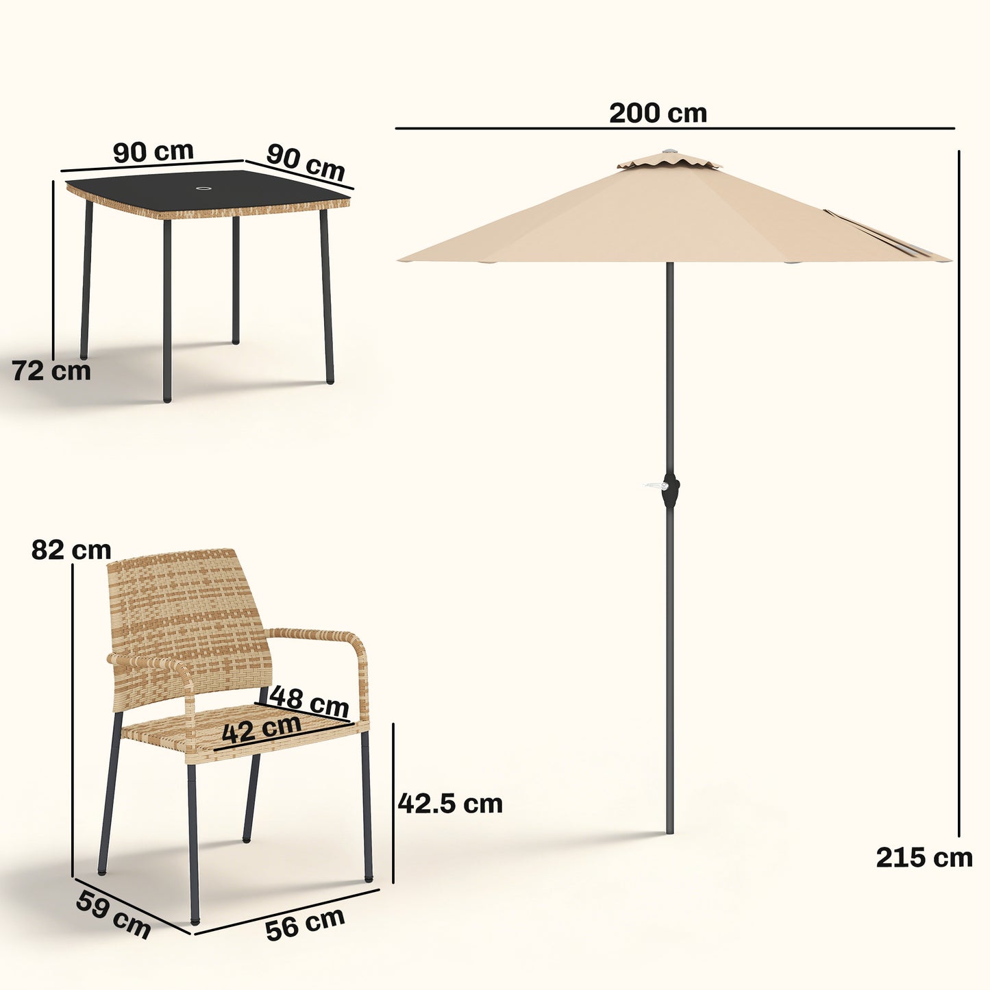 4 Seater Rattan Dining Set with Parasol, 6 Piece Garden Table and Stackable Chairs with Tempered Glass Tabletop