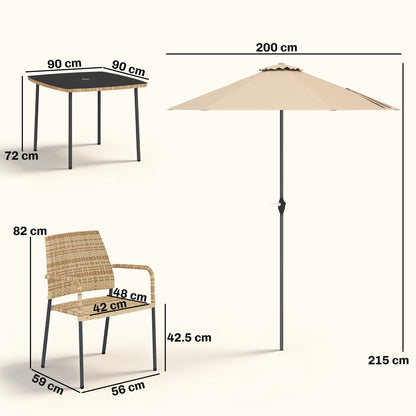 4 Seater Rattan Dining Set with Parasol, 6 Piece Garden Table and Stackable Chairs with Tempered Glass Tabletop