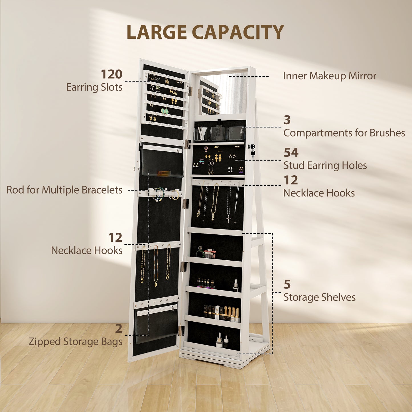 360° Swivel Jewellery Cabinet, Free Standing Full Length Mirror with Storage