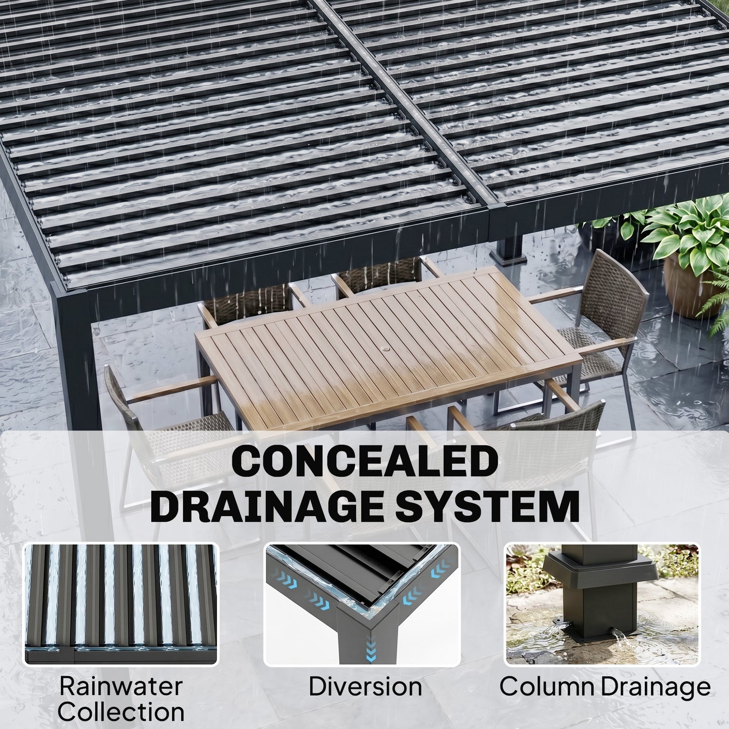 3 x 3 m Louvered Pergola with Solar LED lights, Metal Roof, Patio Gazebo Pergola Canopy with Drainage Gutters, Black