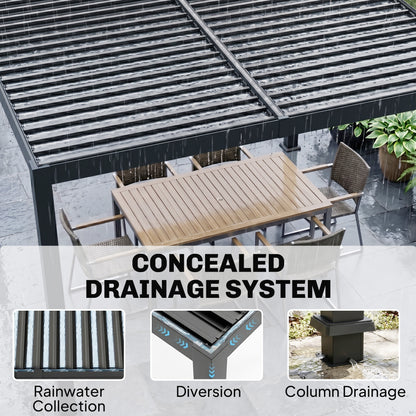 3 x 3 m Louvered Pergola with Solar LED lights, Metal Roof, Patio Gazebo Pergola Canopy with Drainage Gutters, Black