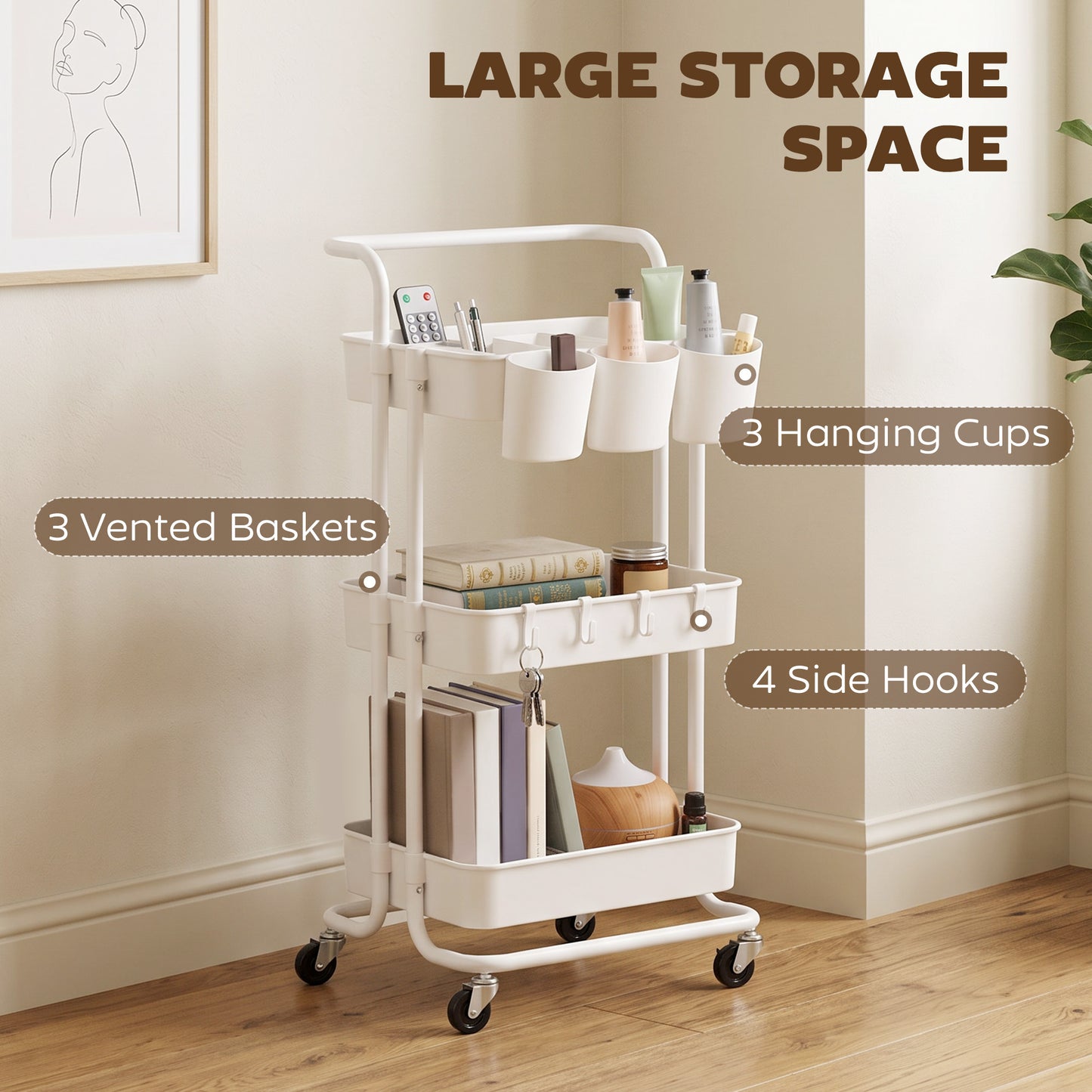Three-Tier Home Trolley, with Handle and Wheels - White