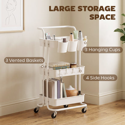 Three-Tier Home Trolley, with Handle and Wheels - White