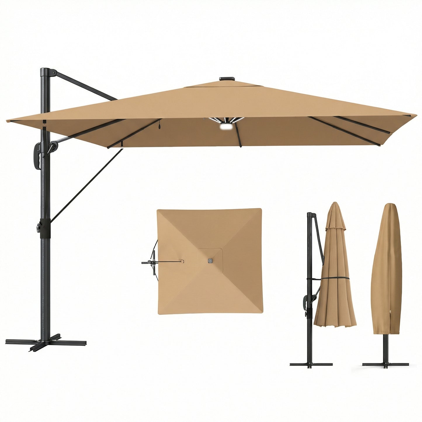 3 x 3 m Garden Cantilever Parasol with Light, Umbrella with Wind Protection, 360° Rotation, Khaki