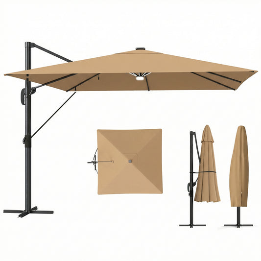 3 x 3 m Garden Cantilever Parasol with Light, Umbrella with Wind Protection, 360° Rotation, Khaki