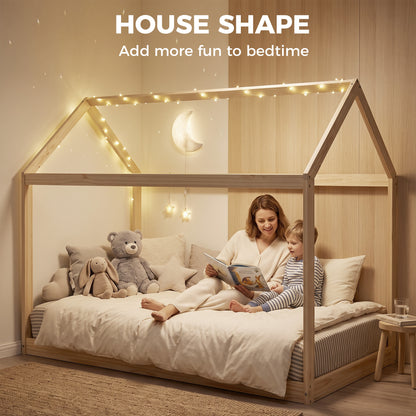 Single Bed Frame, House Scandinavian Wooden Bed Frame for 90W x 190Dcm Mattress, Pine Wood Bed Base, Natural Wood Finish