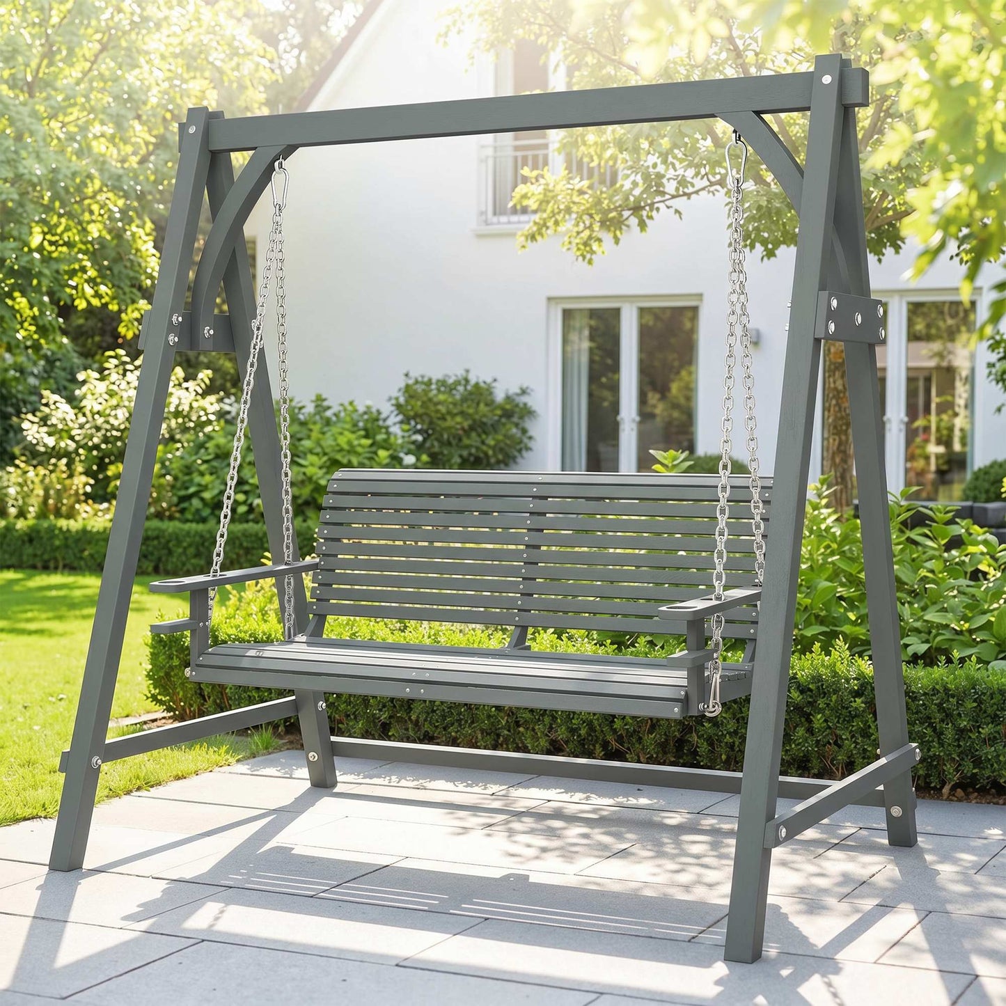 2 Seater Garden Swing Seat, Wooden Swing Chair Bench with Cup Holders for Outdoor Porch Patio, Grey