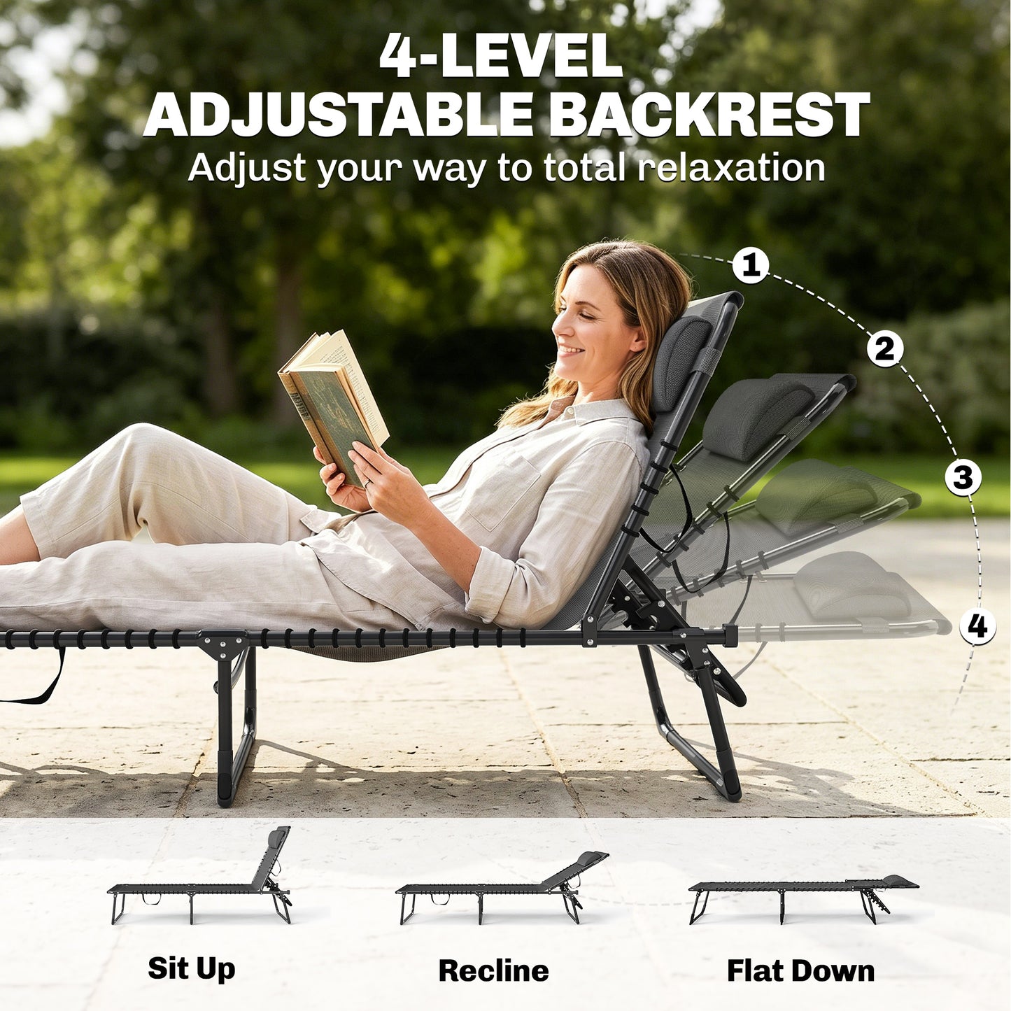 Set of Two Folding Sun Loungers, with Four-Position Backs - Grey