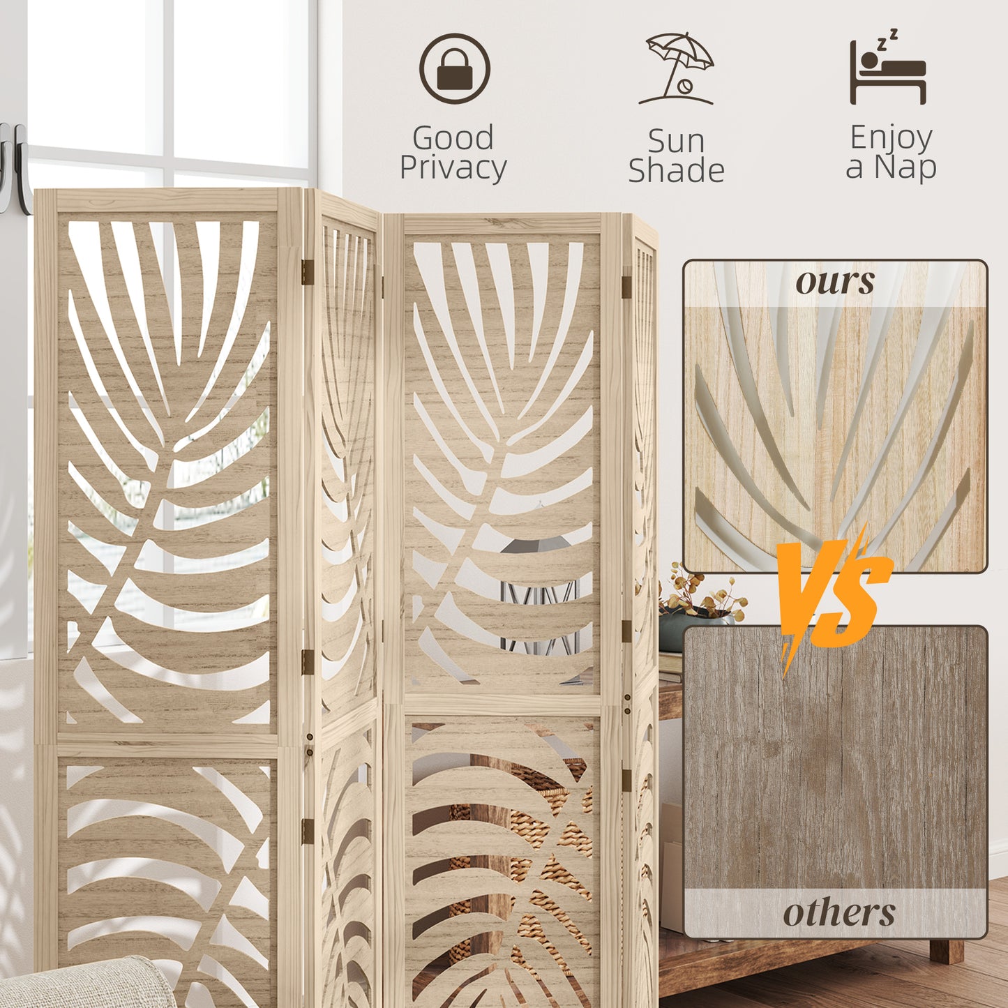 4 Panel Privacy Screens, Detachable Folding Room Divider with Palm Leaf Design for Home Office, Natural Wood Finish