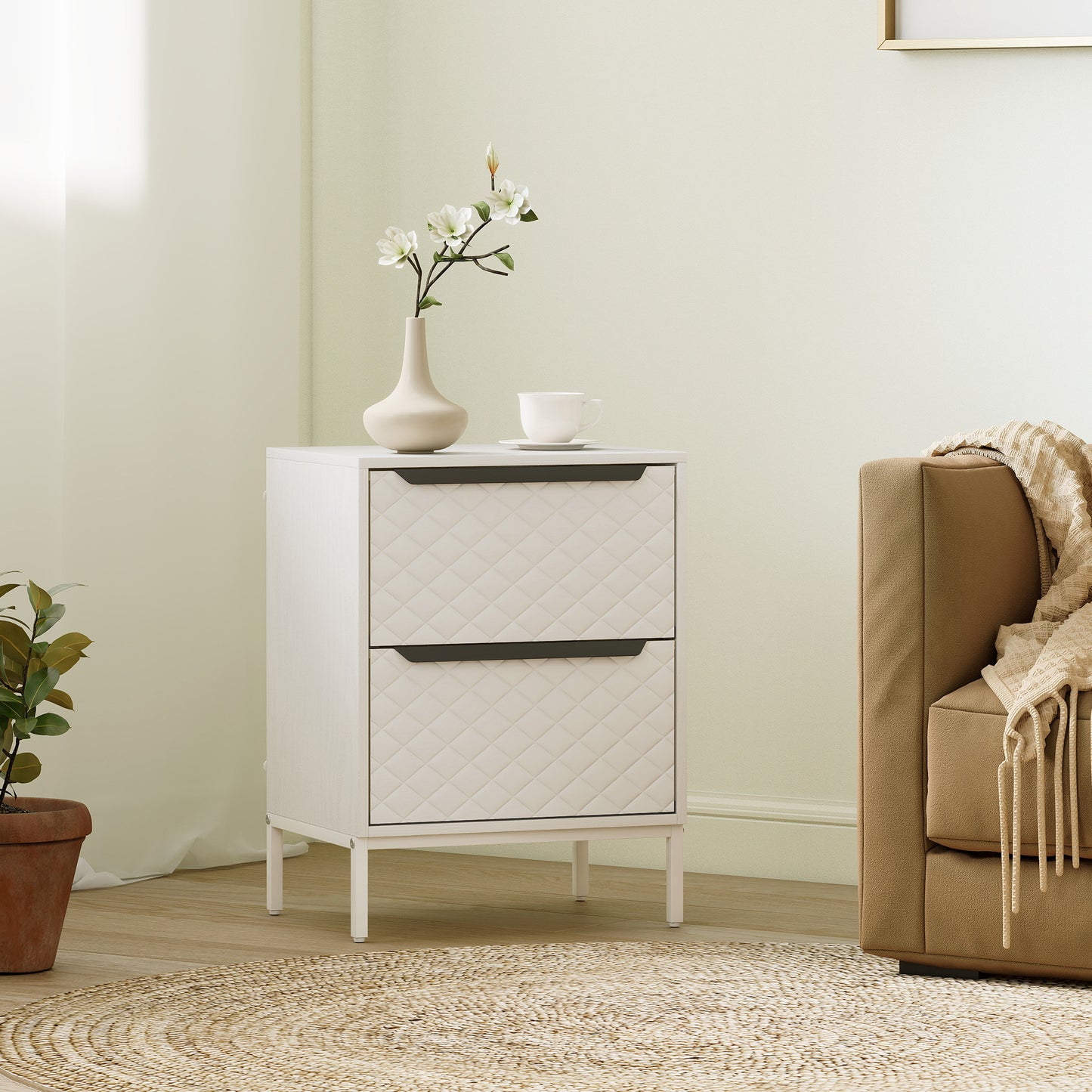 Chest of Drawers, Dresser with 2 Fabric Drawers and Aluminium Handles - White