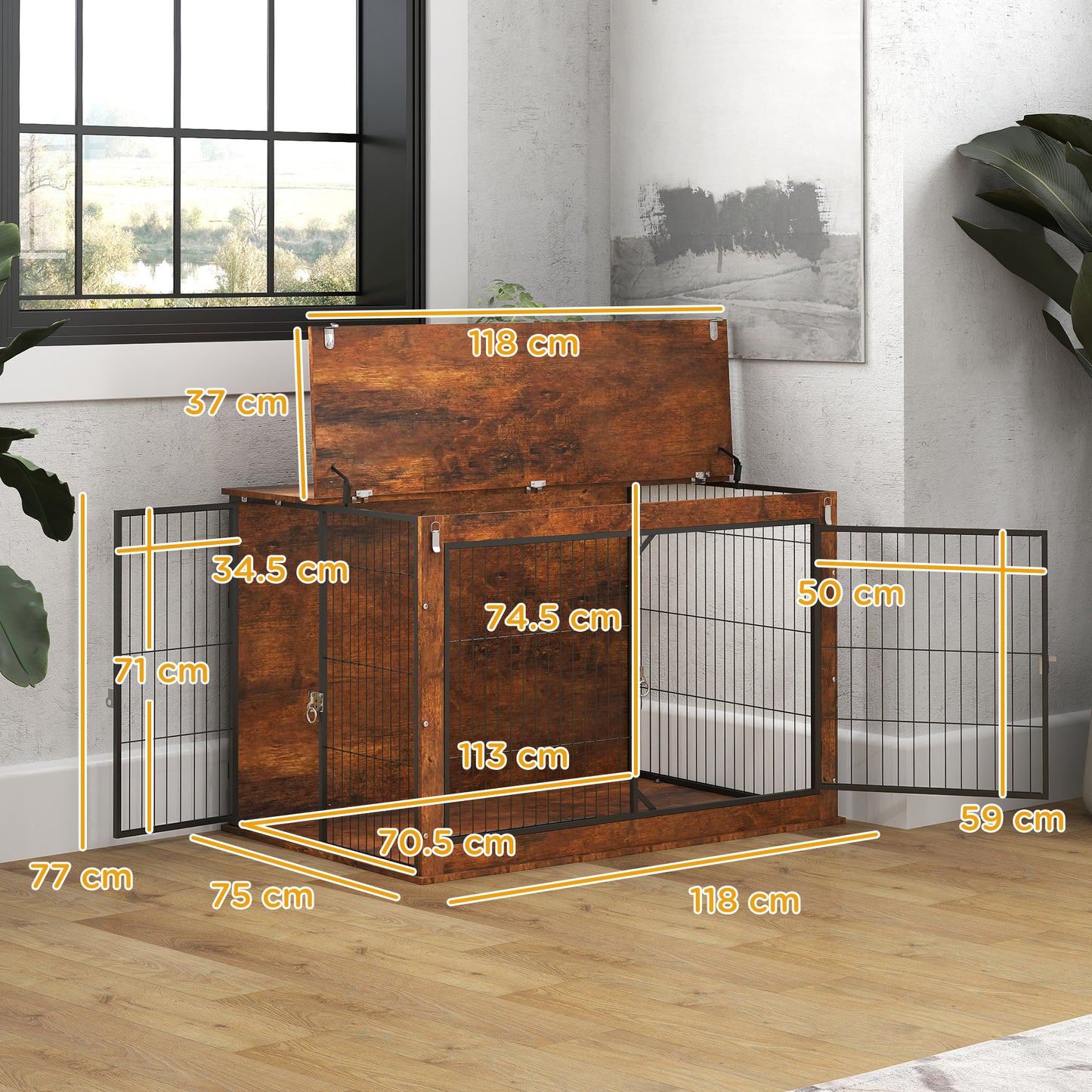 46.46'' Dog Crate Furniture with Openable Top, Two Lockable Doors, for Extra Large Dogs, Rustic Brown