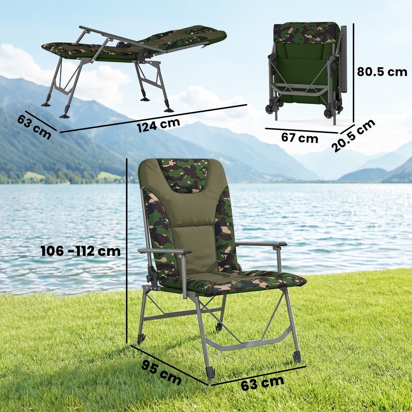 Camping Chair Padded Reclining Folding Chair with Wide Armrests for Adults Camouflage