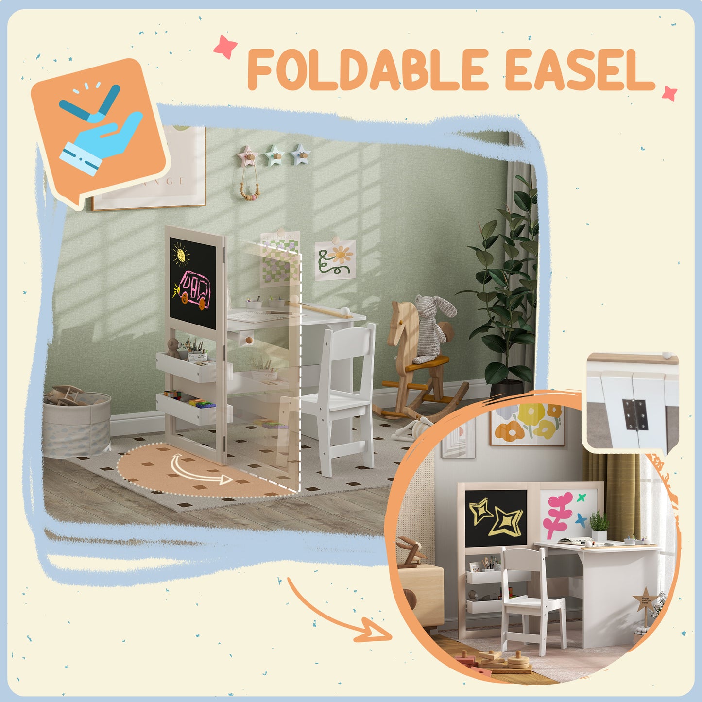3 in 1 Kids Table and Chair Set with Storage, Whiteboard, Blackboard & Roll Paper for 3-8 Years, White