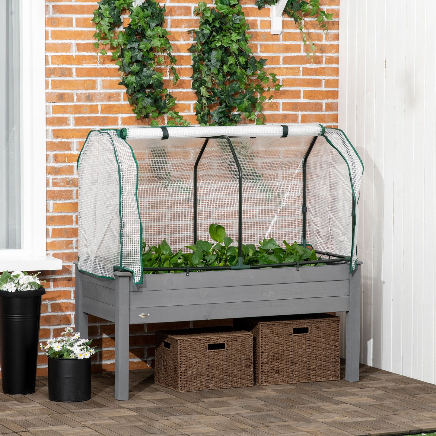 Raised Garden Bed Outdoor Elevated Wood Planter Box w/ PE Cover, Dark Grey