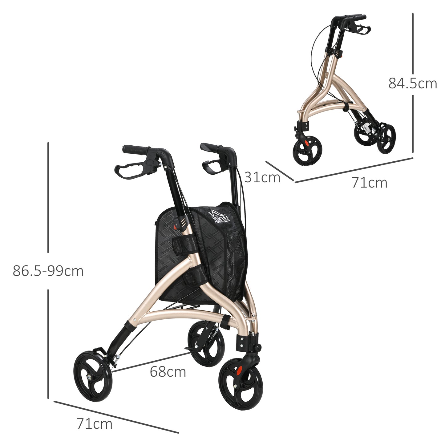 3 Wheel Rollator, Lightweight Aluminium Tri Walker with Adjustable Handle, Storage Bag and Dual Brakes, 5.3kg, Gold Tone