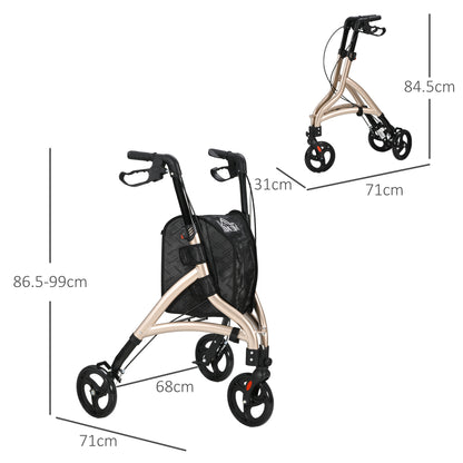 3 Wheel Rollator, Lightweight Aluminium Tri Walker with Adjustable Handle, Storage Bag and Dual Brakes, 5.3kg, Gold Tone