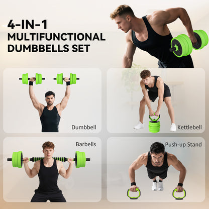 20kg 6-In-One Adjustable Weight Dumbbells Set, Barbell, Kettlebell, Push Up Stand - Green