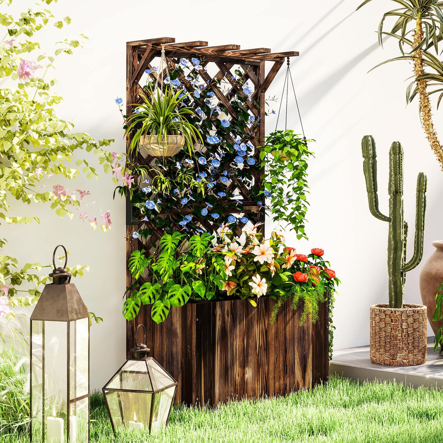Wooden Planter with Trellis, Freestanding Raised Garden Bed with Drainage Holes