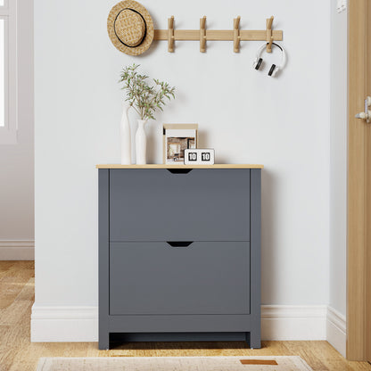 Slim Shoe Cabinet, Narrow Shoe Cupboard with 2 Flip Drawers, Adjustable Shelves for 12 Pairs of Shoes, Charcoal Grey