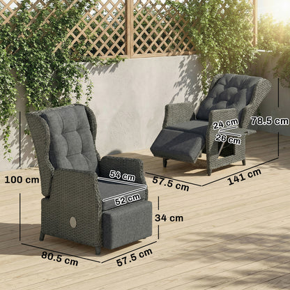 Rattan Garden Recliner Chair, Reclining Garden Chair with Adjustable Back and Footrest, Flip Table, Cushion, Dark Grey