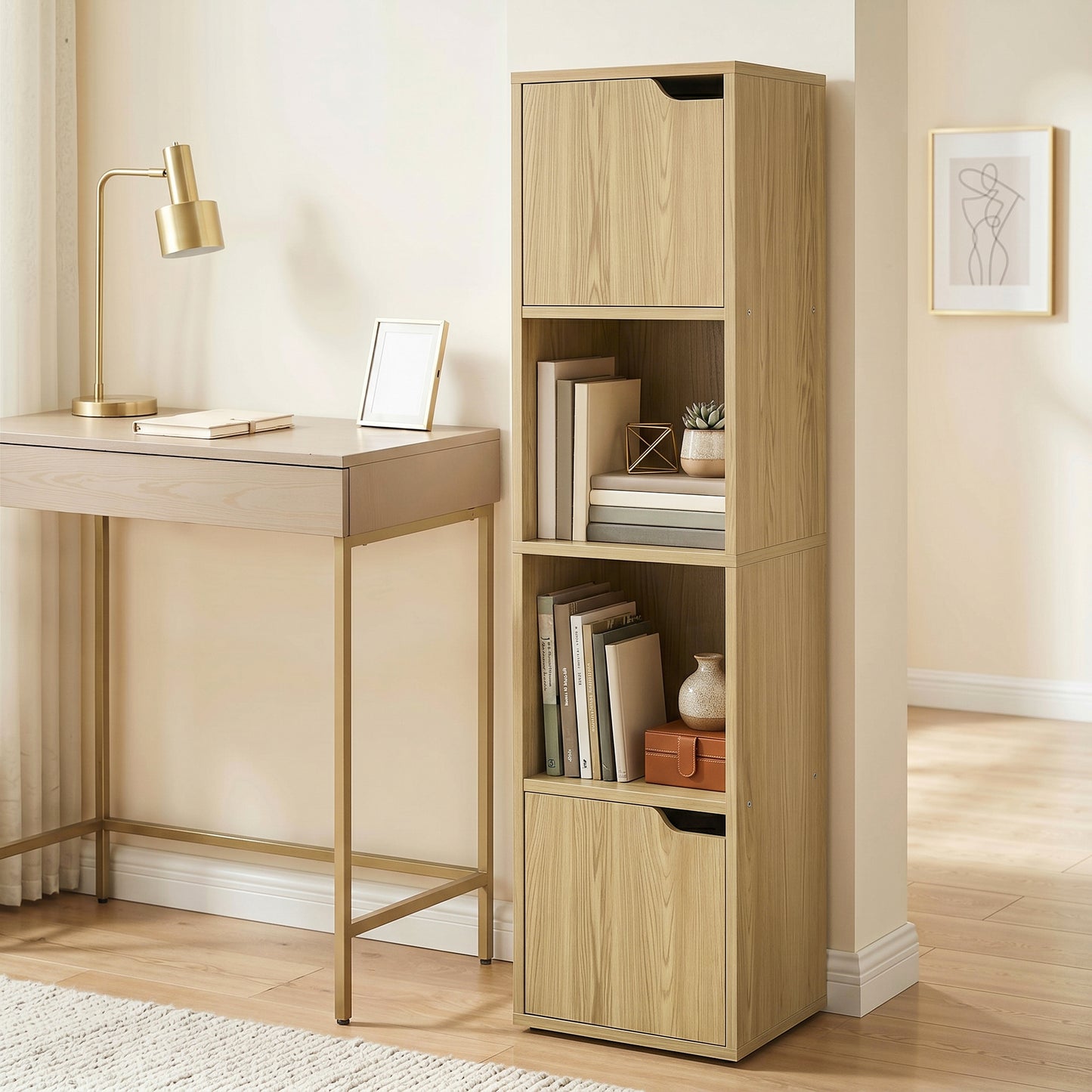 Narrow Bookcase, 4-Tier Bookshelf, Storage Cabinet with doors for Living Room, Bedroom, Oak