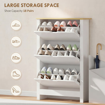 Slim Shoe Cabinet, Narrow Shoe Cupboard with 3 Flip Drawers, Adjustable Shelves for 18 Pairs of Shoes for Hallway, White