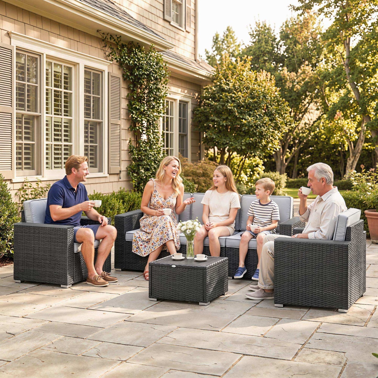 5 Seater Rattan Garden Furniture Set with Wide Armrests, Cushions, Pillows for Patio, Dark Grey