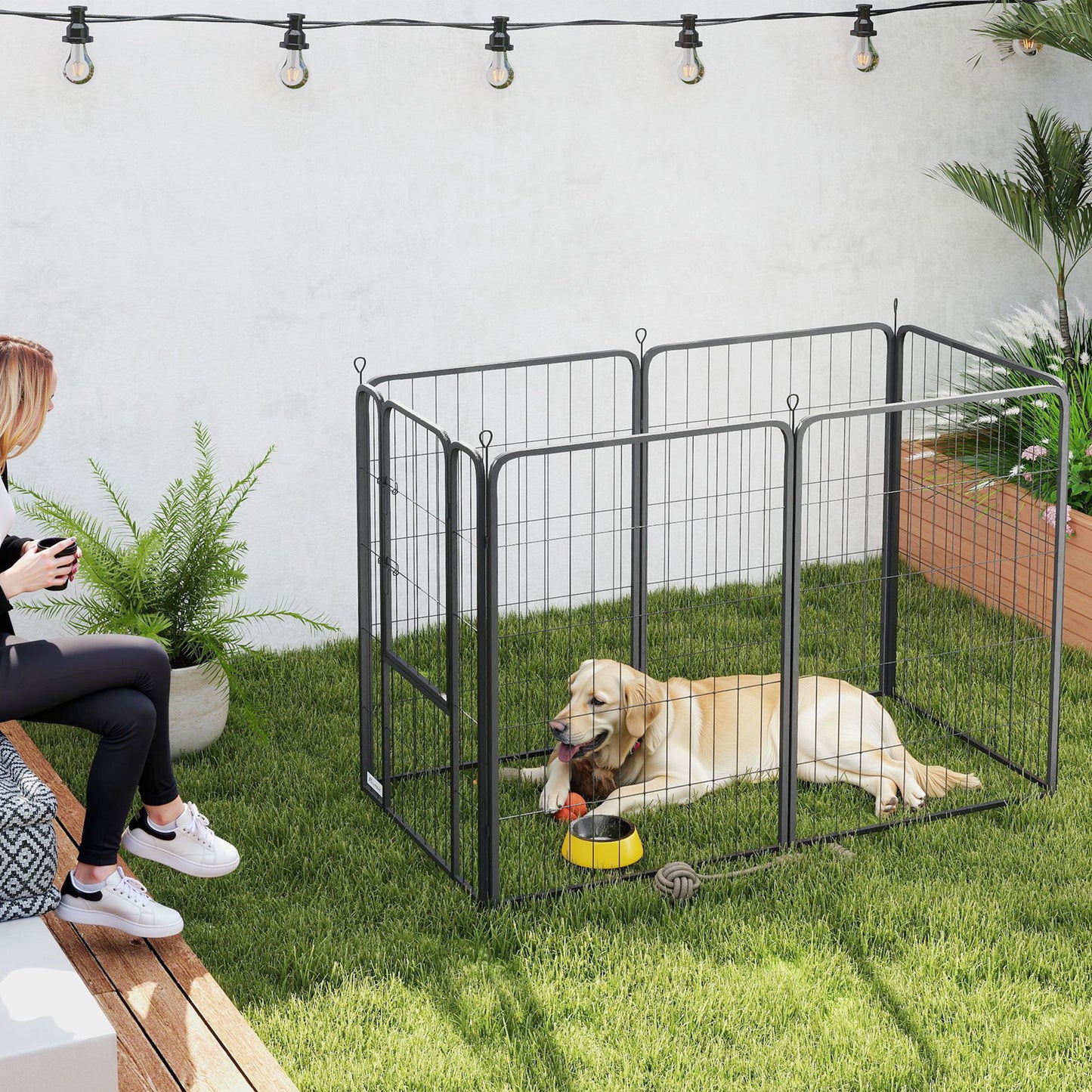 Six-Panel Dog Playpen with Door, for Large Dogs, Indoors, Outdoors, 100cm Tall, Black
