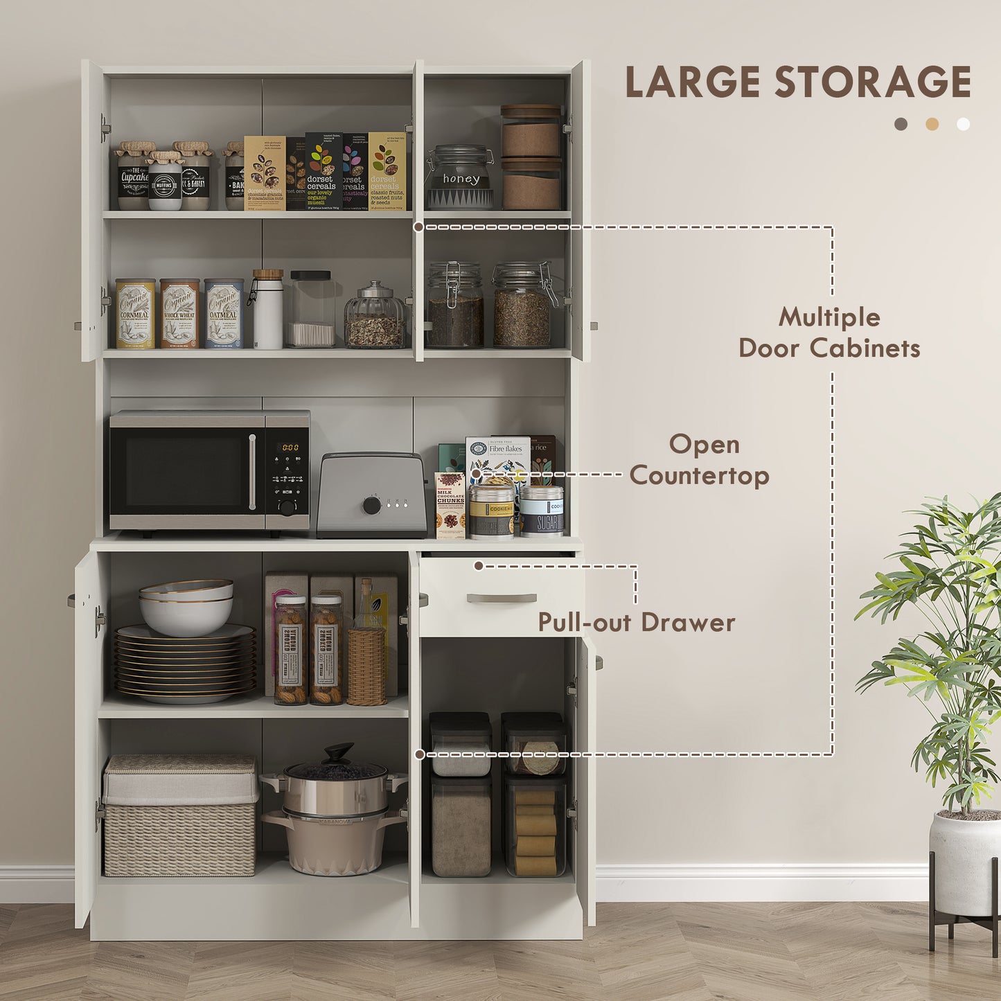 Freestanding Kitchen Pantry Storage Cabinet with Adjustable Shelves & Middle Worktop - White