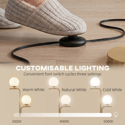 LED Floor Lamp, Modern Standing Lamp with 3 Colour Temperatures, Globe Glass Shades and Foot Switch, Gold Tone