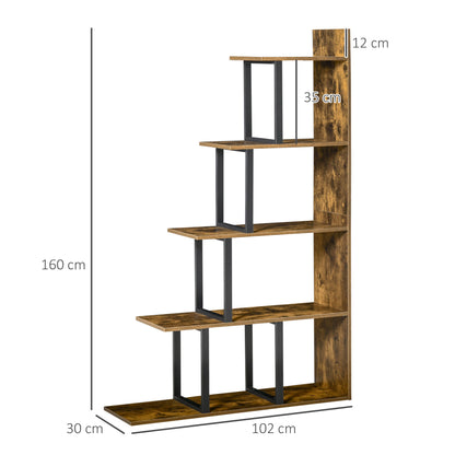 5-Tier Bookcase, Wooden Ladder Bookshelf Display Stand, Rustic Brown