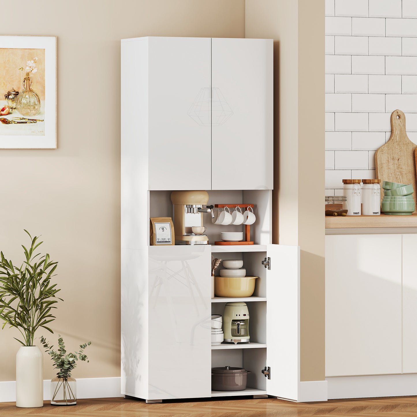180 cm Tall Kitchen Cupboard, Pantry Storage Cabinet with Soft Close Doors and Adjustable Shelves, High Gloss White