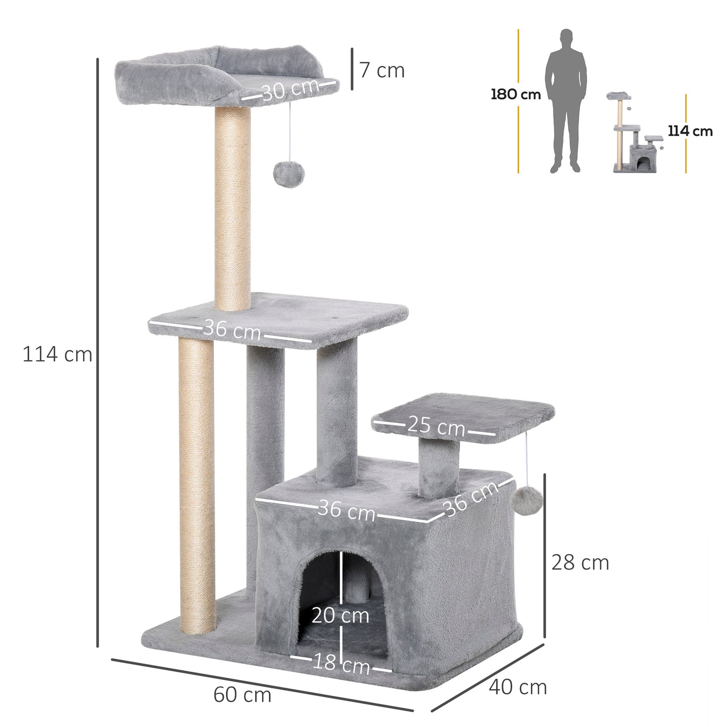 Cat Tree Tower for Indoor Cats 114cm Climbing Activity Centre Kitten with Sisal Scratching Post Perch Hanging Ball Condo Toy