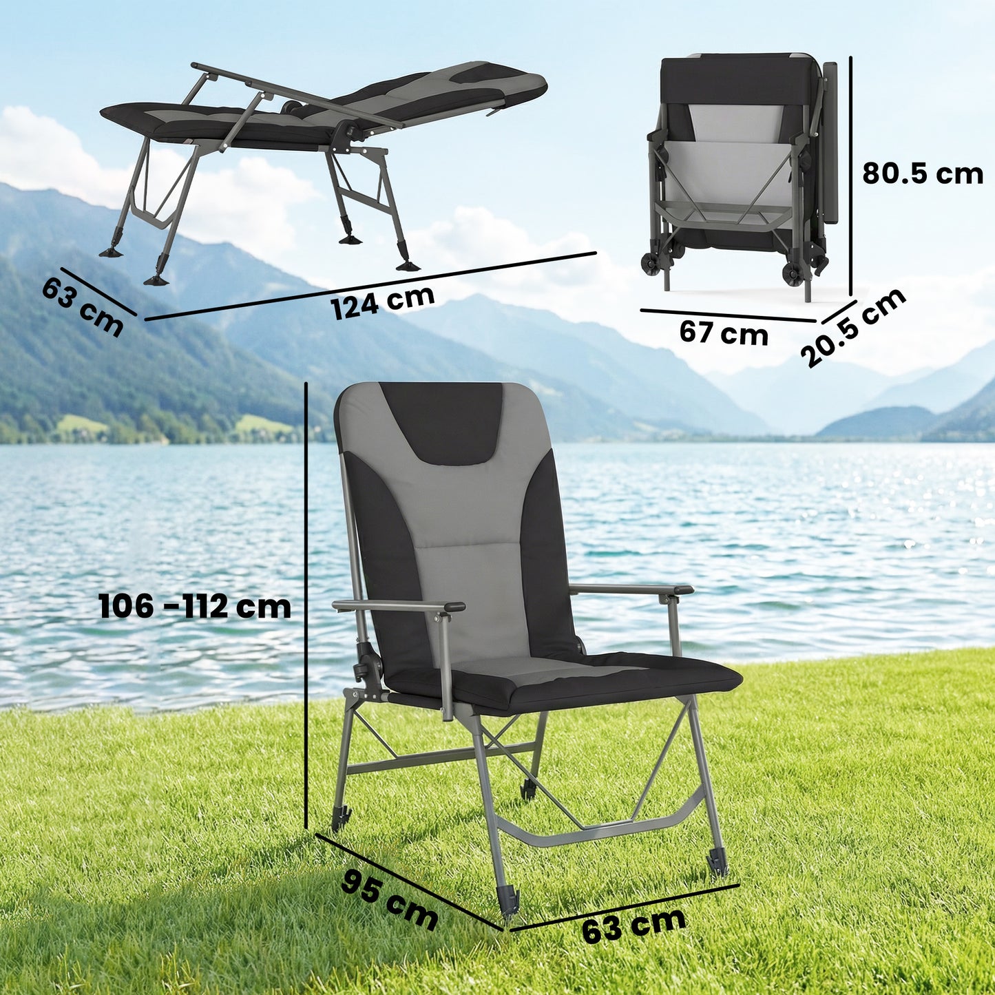 Camping Chair Padded Reclining Folding Chair with Wide Armrests for Adults Black