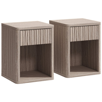 Modern Bedside Table Set of 2, Bedside Cabinet with Drawer and Open Shelf, Side End Table, Nightstand for Bedroom, Oak