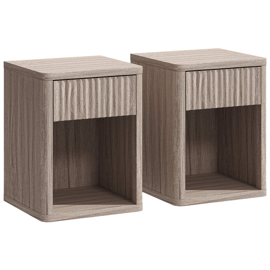 Modern Bedside Table Set of 2, Bedside Cabinet with Drawer and Open Shelf, Side End Table, Nightstand for Bedroom, Oak