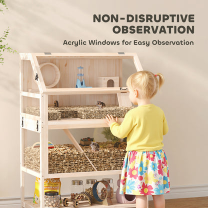 Wooden Hamster Cage with Detachable Lower Floor, Storage Shelf, Hut, Seesaw, Exercise Wheel, Ramps for Hamster