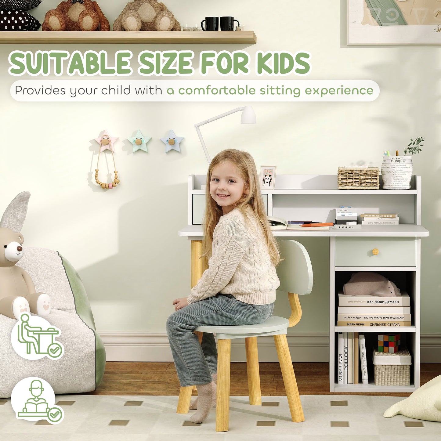 Two-Piece Children Study Table with Hutch, Kids Desk and Chair Set with Storage, Drawer, Shelves, Green