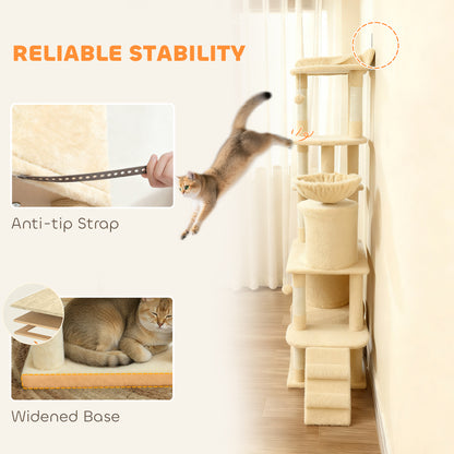 170 cm Large Cat Tree, Cat Tower with 7 Scratching Posts, Tunnel, 2 Condos, Hammock, Perch, Ramp, Pompoms, Beige