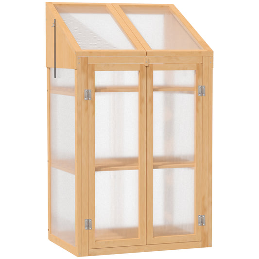 Wooden Cold Frame Polycarbonate Greenhouse with Openable Top Cover and Double Door, Grow House for Flower