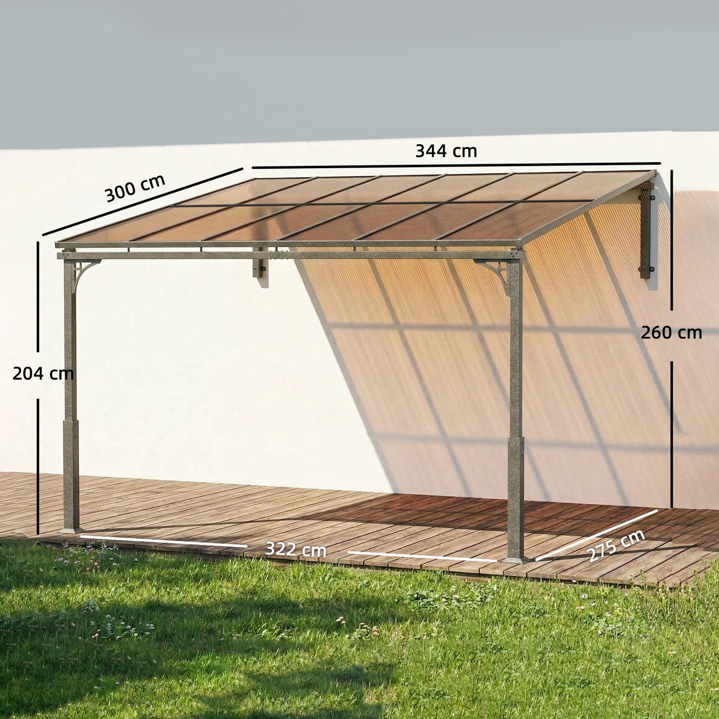 3.4 x 3 m Metal Lean-to Pergola, Wall-Mounted Garden Pergola with Polycarbonate Roof and Metal-Aluminium Frame