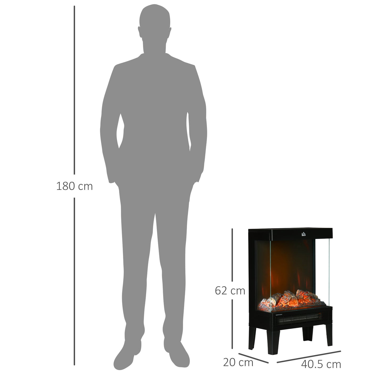 180° Charming Electric Fireplace Heater, Quiet Freestanding Stove with LED Flame Effect, 3-Sided Tempered Glass Panels