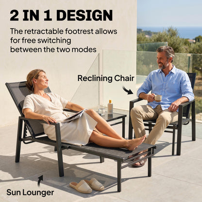 Sun Lounger Retractable Footrest 5-Position Adjustable Steel Frame for Beach, Porch, Patio, Camping, Black