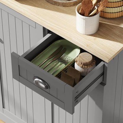 180cm Freestanding Kitchen Cabinet, Modern Storage Cupboard with Open Countertop, Drawer and 6 Doors, Grey