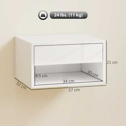 Set of Two Floating Bedside Tables, Wall Mounted Nightstand with Drawer and Open Shelf, High Gloss White